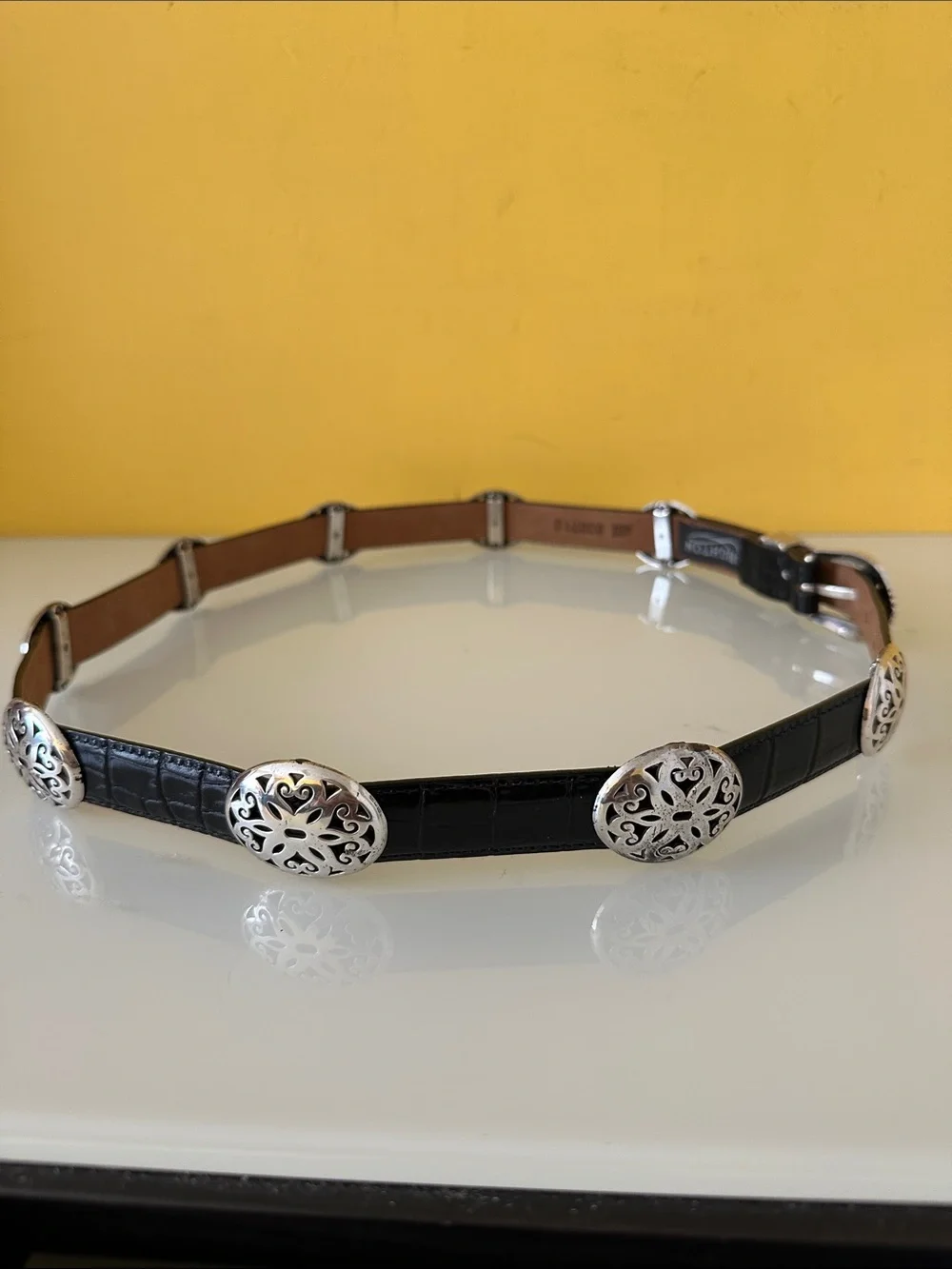 Brighton Women’s Black Croc-Embossed Western-Inspired Leather Belt Silver Buckle